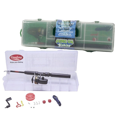 15-piece tackle box with fishing rod