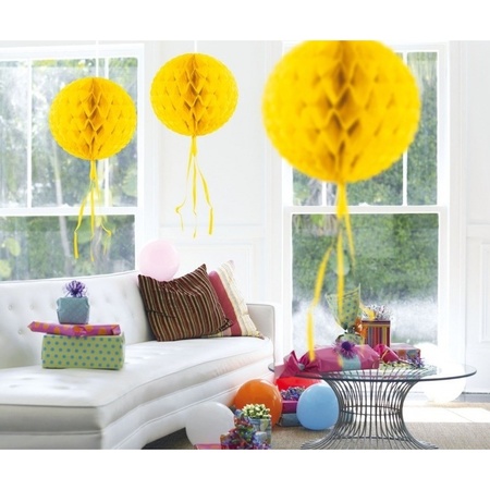 Feestversiering geel decoratie bollen 30 cm set van 3