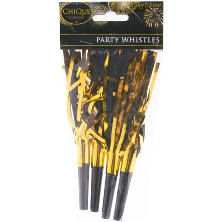 12x Party whistles with tassles black/gold