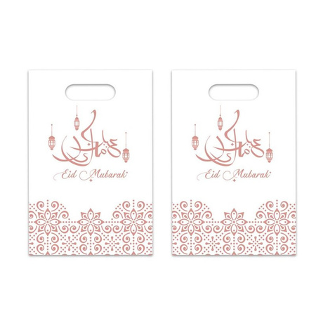 12x stuks Ramadan Mubarak thema feestzakjes/uitdeelzakjes wit/rose goud 23 x 17 cm
