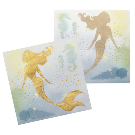 12x Mermaid/ocean theme napkins gold 33 x 33 cm