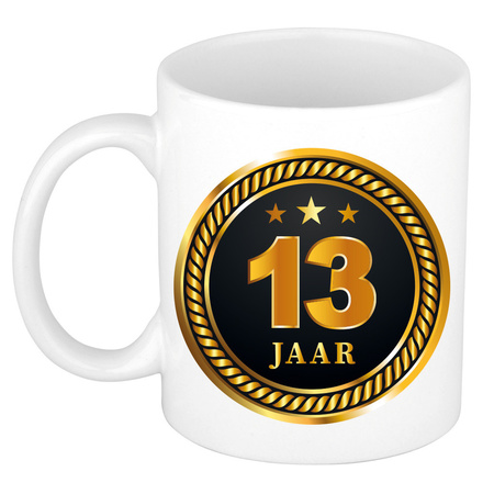 Gold black medal 13 year mug for birthday / anniversary