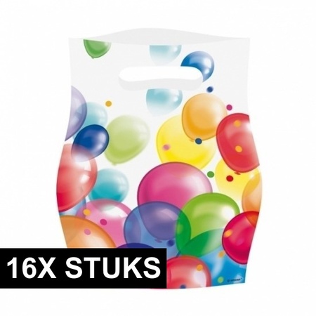 16x Feestzakjes met ballonnenopdruk plastic  16x23cm