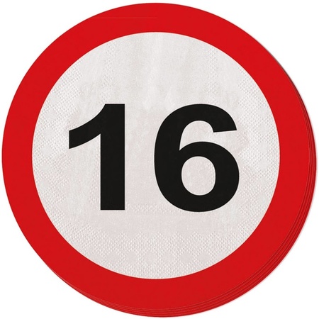 20x 16 years age party theme napkins traffic sign 33 cm round