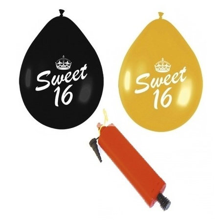 24x Sweet 16 ballonnenpakket zwart en goud inclusief pomp