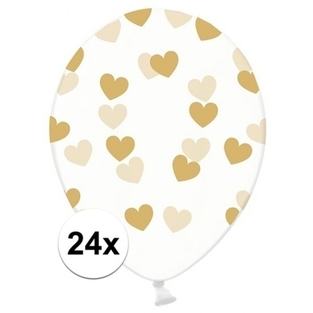 24x Transparante ballonnen met hartjes goud