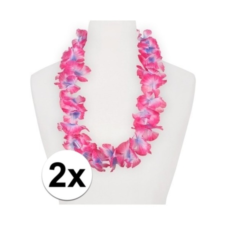 2x Feestartikelen hawaii bloemen krans roze/paars