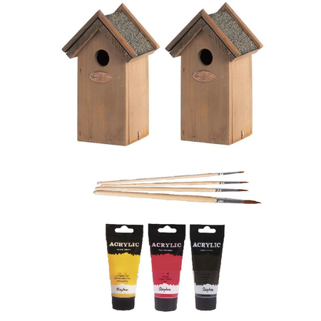2x Wooden birdhouses 22 cm with 3x tubes of paint black/yellow/red