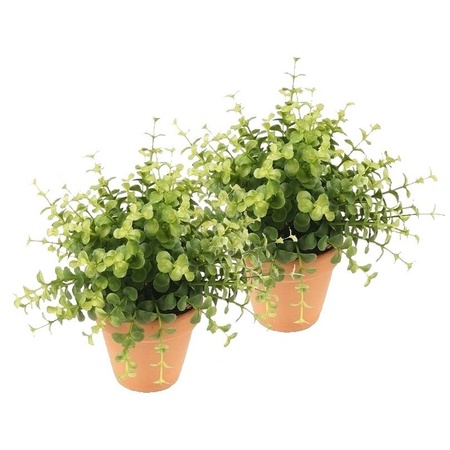 2x Kunstplant eucalyptus groen in terracotta pot 20 cm 