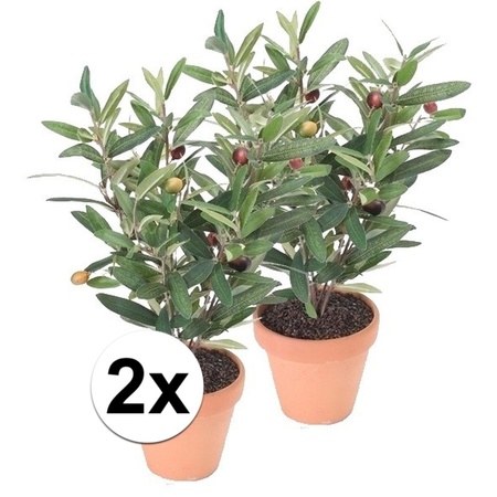 2x Kunstplant olijfboompje groen in terracotta pot 35 cm 