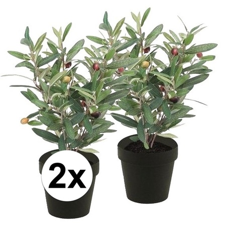 2x Kunstplant olijfboompje groen in zwarte pot 35 cm 