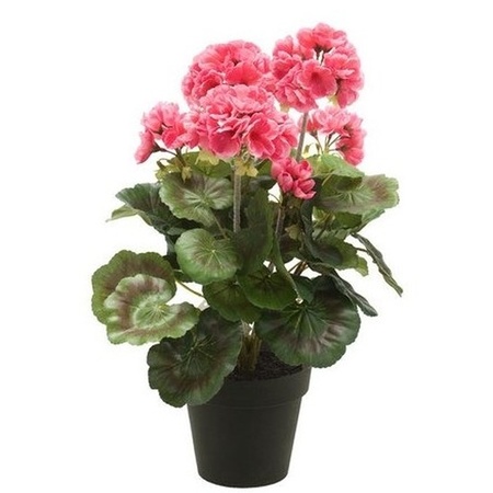 2x Kunstplanten Geranium roze in zwarte pot 35 cm 