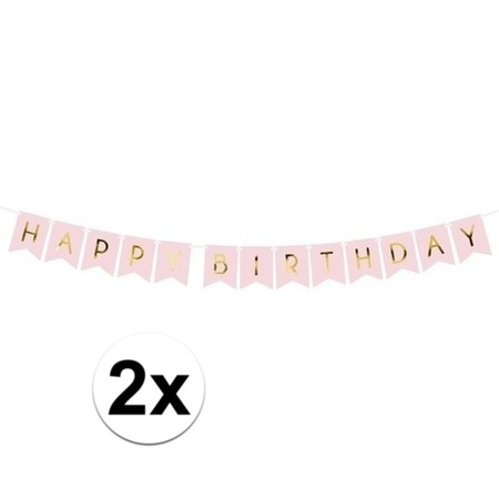2x Lichtroze DIY feest slingers Happy Birthday 1,75 meter