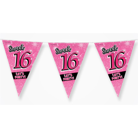 2x pieces bunting flag pink sweet 16 10 meters
