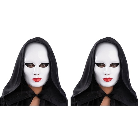 2x Vrouwen masker wit met rode lippen