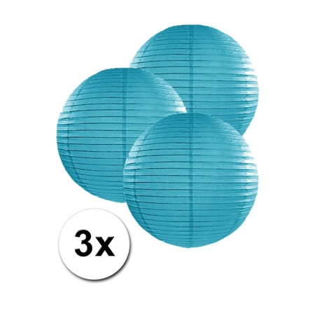 Voordeelverpakking met 3 turquoise blauwe lampionnen 25 cm
