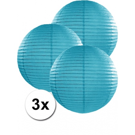 Voordeelverpakking met 3 turquoise blauwe lampionnen 35 cm