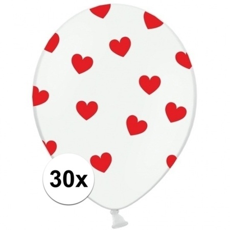 White balloons with red hearts 30x pieces