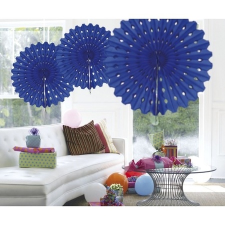 3x Decoration fan blue 45 cm