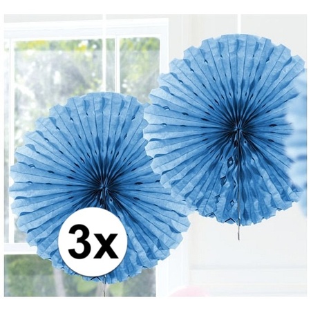 3x Decoration fan light blue 45 cm