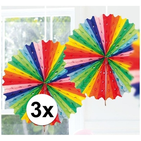 3x Feestversiering regenboog kleuren decoratie waaier 45 cm