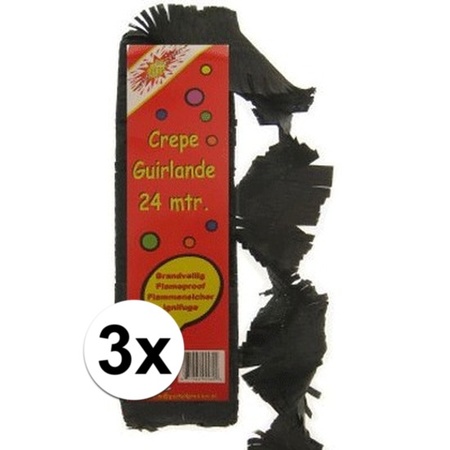 3x Crepe feestslingers zwart 24 meter