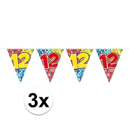 3x Mini vlaggenlijn / slinger verjaardag versiering 12 jaar