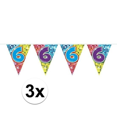 3x Mini vlaggenlijn / slinger verjaardag versiering 6 jaar