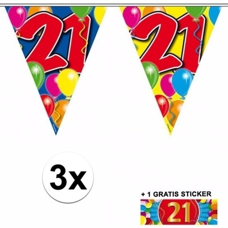 3 Gekleurde slingers 21 jaar met sticker