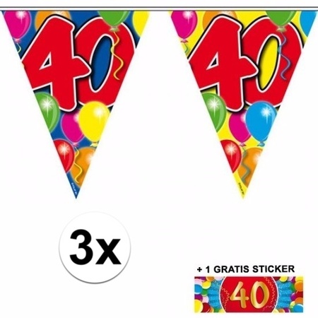 3 Gekleurde slingers 40 jaar met sticker