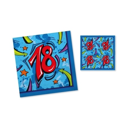 40x Servetten 18 jaar verjaardag blauw/rood 33 x 33 cm