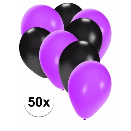 50x ballonnen - 27 cm -  paars / zwarte versiering