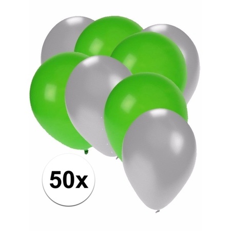 50x ballonnen - 27 cm -  zilver /  groene versiering