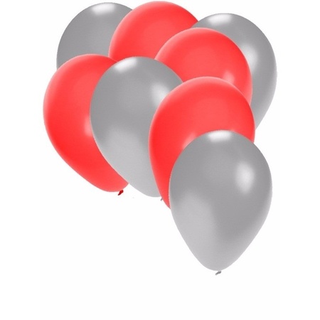 50x ballonnen - 27 cm -  zilver / rode versiering