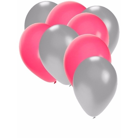 50x ballonnen - 27 cm -  zilver / roze versiering