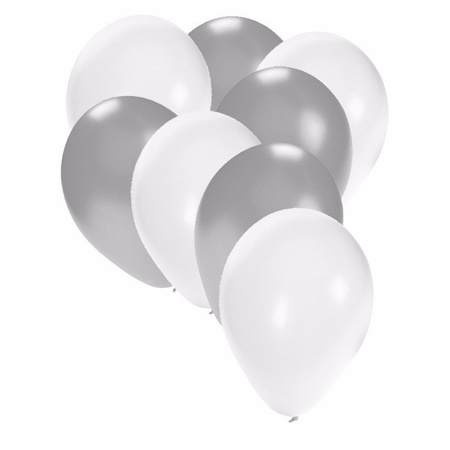 50x ballonnen - 27 cm -  zilver / witte versiering 