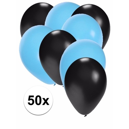 50x ballonnen - 27 cm - zwart  / lichtblauwe versiering
