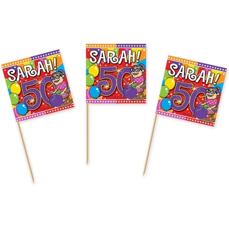 50x stuks Cocktailprikkers Sarah 50 jaar feestartikelen 