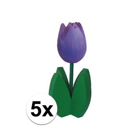 5x Decoratie houten paarse tulpen