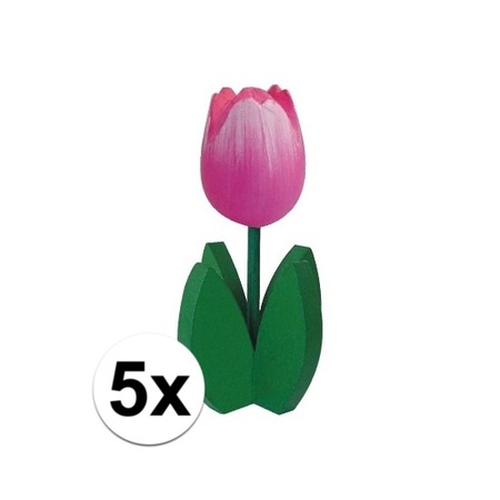 5x Decoratie houten roze tulpen 