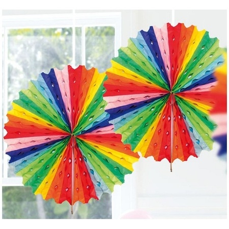 5x Feestversiering regenboog kleuren decoratie waaier 45 cm
