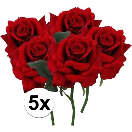 5x Red roses deluxe artificial flowers 31 cm