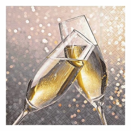 60x Champagne thema servetten met glazen 33 x 33 cm