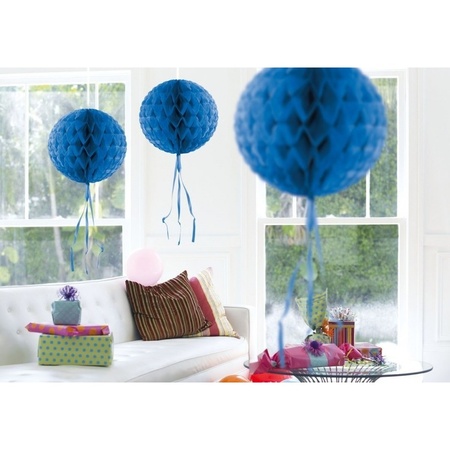 Feestversiering blauwe decoratie bollen 30 cm set van 3