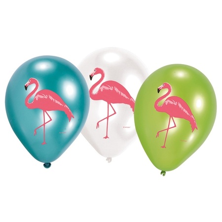 6x Flamingo birds hawaii theme print balloons 27 cm