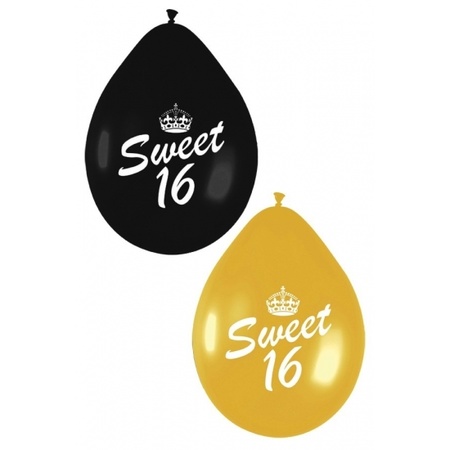 6x stuks Sweet 16 thema ballonnen zwart en goud van 27 cm