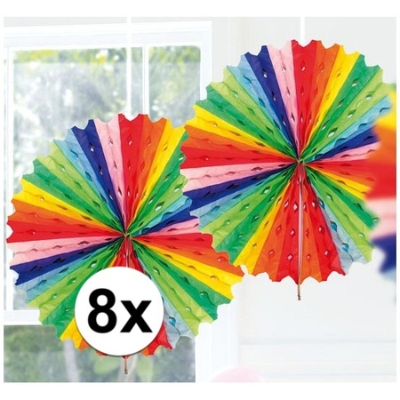 8x Feestversiering regenboog kleuren decoratie waaier 45 cm