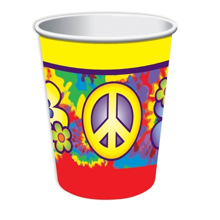 8x Hippie theme party carton cups 266 ml