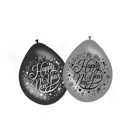 8x stuks Happy New Year ballonnen zwart/zilver