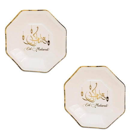 Tafel dekken Ramadan Mubarak feestartikelen wit/goud 8x bordjes/8x drink bekers/20x servetten